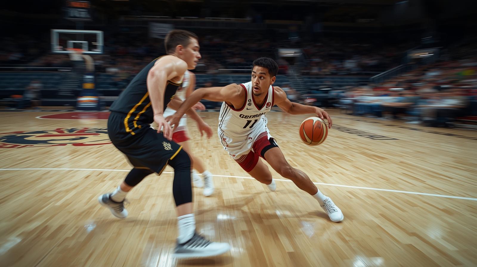 ein deutscher basketballspieler macht einen cut aus dem driböbling um einen gegenspieler